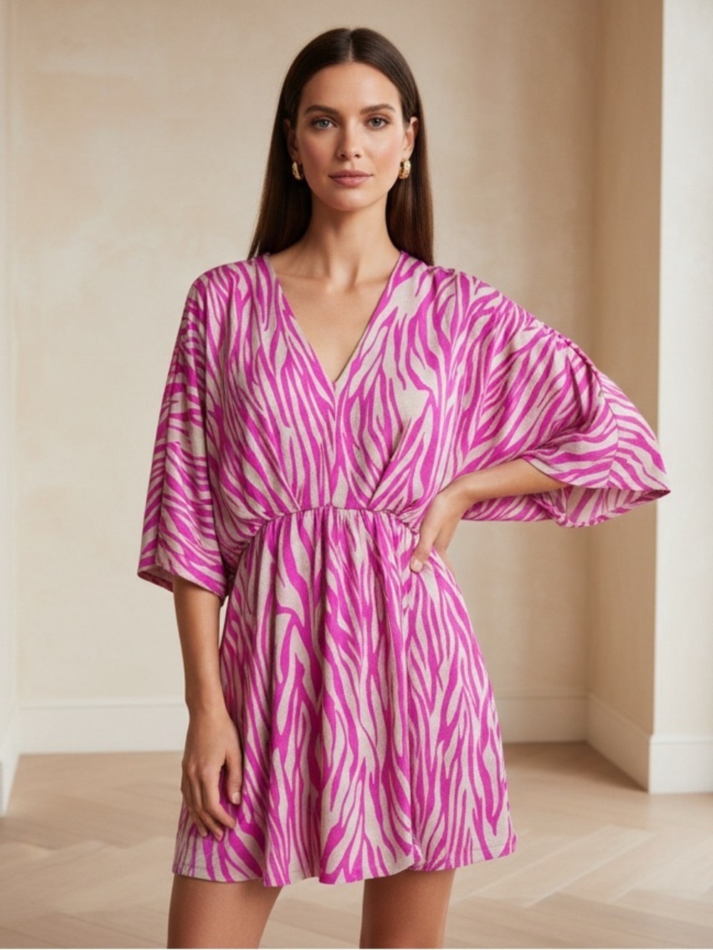 Dear Scarlett Vibrant Pink Zebra Print Shirt/Dress with Flowy Dolman Sleeves